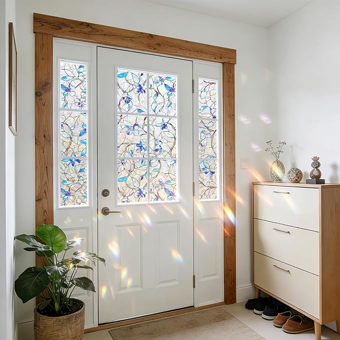 NINETREX Window Privacy Film, Rainbow Stained Glass Window Film, Static Cling Heat Control UV Blocking, Decorative for Home, Bathroom, Glass Door and Car, Renter-Friendly, Blue 35.4 x 78.7 inches