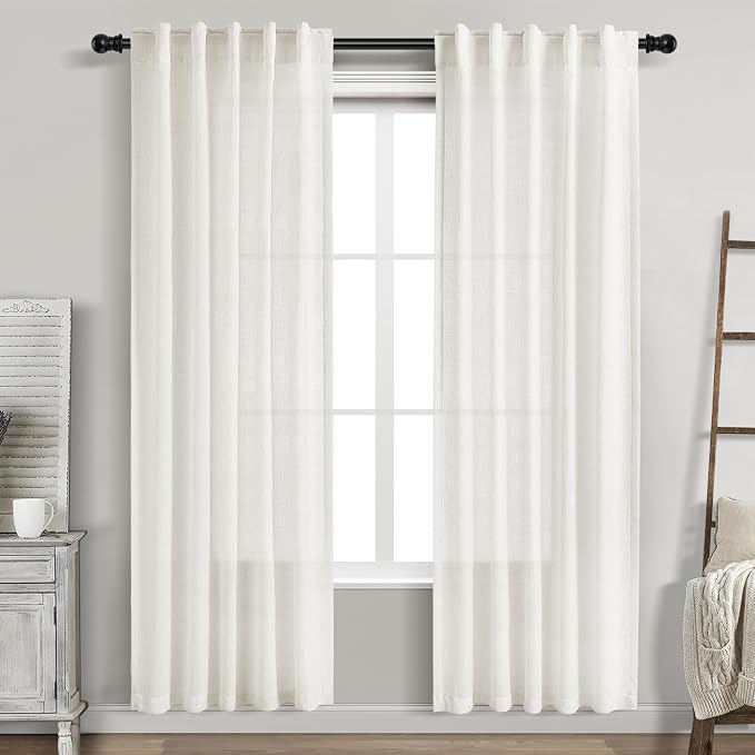 Nanspring Beige White Linen Curtains 80 Inch Length for Doorway Back Tab and Rod Pocket Semi Sheer Light Filtering Curtains Coastal Room Decor for Living Room Bedroom 40 x 80 Inch, 2 Panels