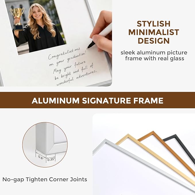 Signature Picture Frame 18x18, Aluminum Signable Frame with Glass, Silver | Sleek Silver Signable Frame with 8x8 for Wedding, Graduation, Birthday & Baby Shower Guest Book| Real Glass & Wall Kit