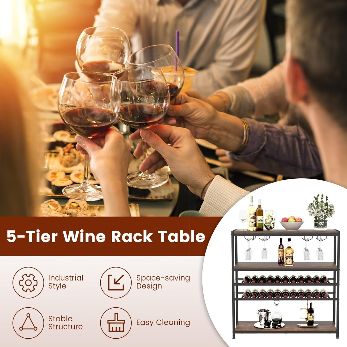 GOFLAME Industrial Wine Rack Table, Wine Bar Cabinet with 2-Tier Wine Rack, 4 Row Glass Holder and Storage Shelves, Freestanding Floor Liquor Storage Stand for Kitchen, Dining Room, Rustic Brown