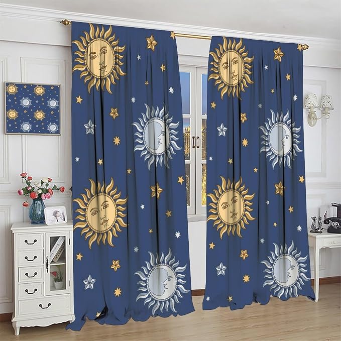 Vintage Sun Moon Bohemian Blackout Window Curtains, Retro Boho Style Print Rod Pocket Window Drapes, for Living Room Bedroom 63x72in 2 Panels