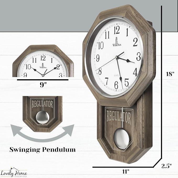 Pendulum Wall Clock - Real Wood Regulator Clock - Rustic, Farmhouse Schoolhouse Design - Quiet, Non-Chiming, Wooden & Battery Operated - Decorative Grey Ash Decor for Living Room, Home, Office 18x11