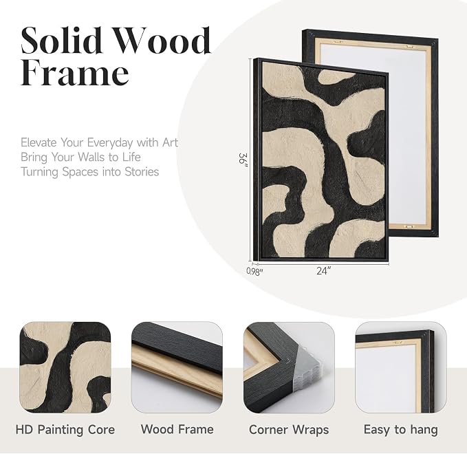 Framed Abstract Beige Black Wall Art for Living Room, Large Neutral Modern Canvas Artwork for Walls, Set of 2 Mid Century Elegant Picture Print for Bedroom Home Office Hallway Wall Decor, 24x36 Inch