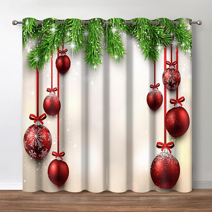 Jekeno Christmas Blackout Curtains - Blocking Window Drapes Xmas Winter Season Theme Fir Twigs and Vibrant Balls Graphic Decor Home Bedroom Living Room Grommet Window Drapes 2 Panel Set, 42" x 63"