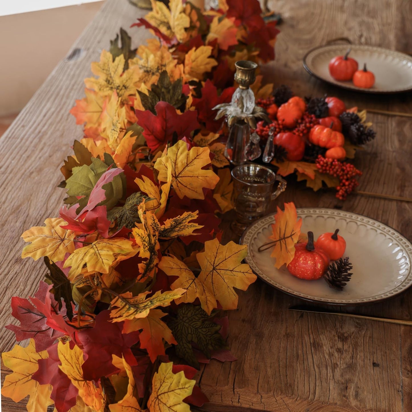 PARTY JOY 6PCS Orange Leaf Garland, 5.6Ft Halloween Garland Artificial Maple Leaf Autumn Hanging Fall Vines Thanksgiving Decorations Fall Decor