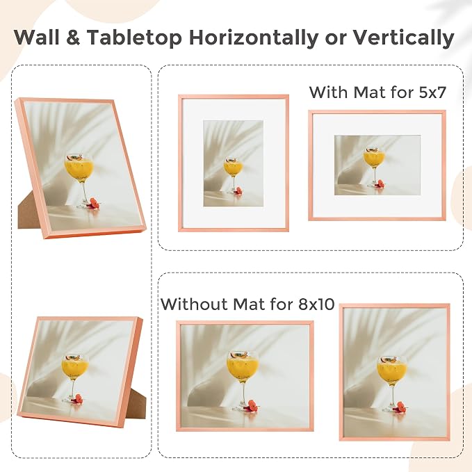 FLYJOE 8x10 Picture Frame - 8 by 10 Metal Picture Frame With Mat | 8 x 10 Aluminum Photo Frame | Plexiglass And Hanging Hardware Included | 8x10 Gold Frame | Set of 3, Rose Gold