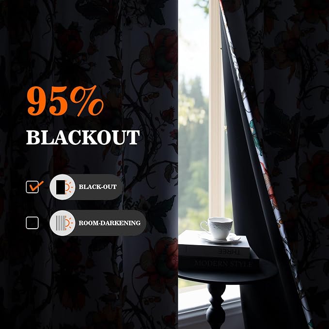 MYSKY HOME Floral Blackout Curtains 45 Inch Long 2 Panels Set for Bedroom Thermal Insulated Light Blocking Black Out Drapes Printed Flower Vintage Style Grommet Window Treatments, 52"W, Greyish White