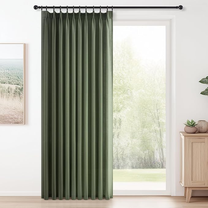 Topfinel Olive Green Pinch Pleated Curtains 105 Inch Length 1 Panels for Bedroom Living Room Textured Semi Sheer Window Curtain Boho Neutral Back Tab Pinch Pleat Drape with Hooks 105 Inches Long