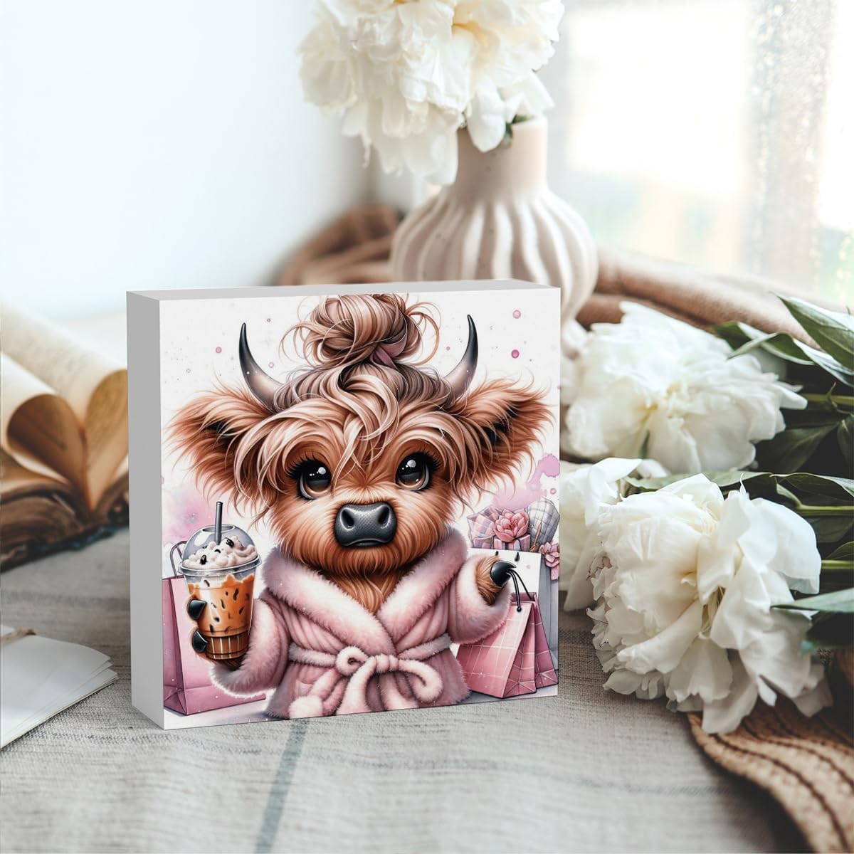 Highland Cow Winter Decor, Highland Cow Gifts for women, Highland Cow Baby Decor, Highland Cow Nursery Decor, Wooden Box Decor Sign for Home Farmhouse Office Living Room Table Shelf Tiered