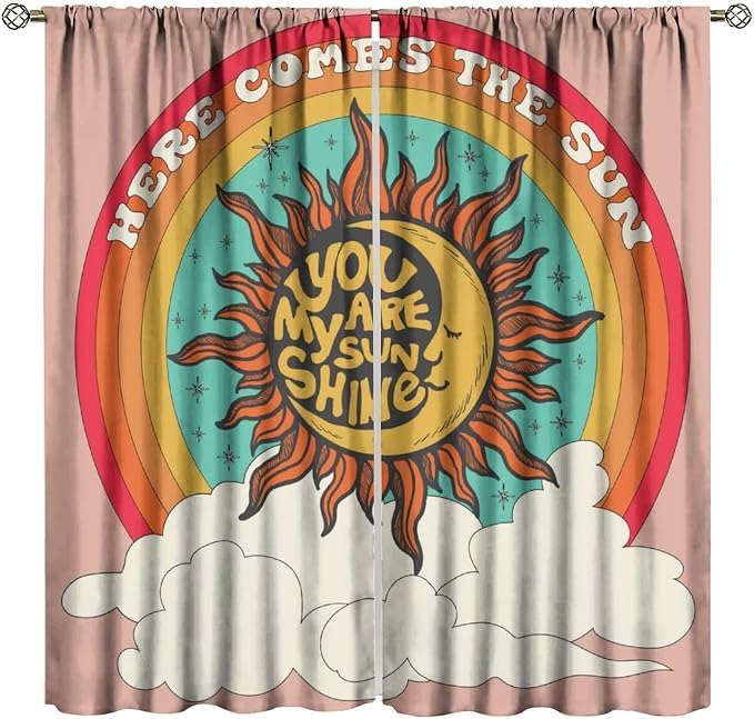 Vintage Sun Moon Blackout Curtains, 70S Groovy Retro Rainbow Clouds Window Treatment Drapes for Bedroom Living Room 42" W X 54" L