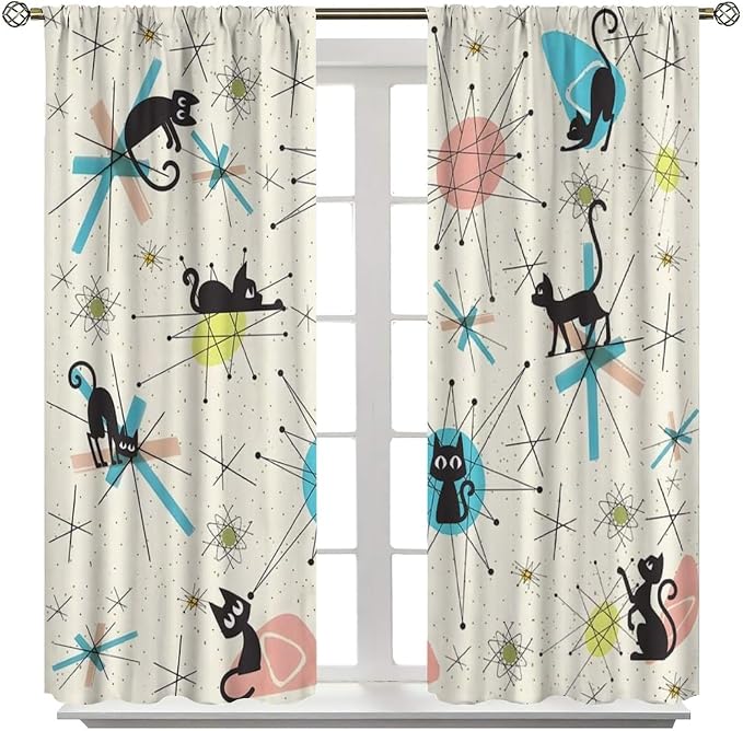 JESTRONRY Mid Century Curtains, Black Cat Atomic Stars Abstract Geometric Vintage Kitty Animal Room Darkening Door Window Rod Pocket Curtain for Living Room Bedroom 63x63in