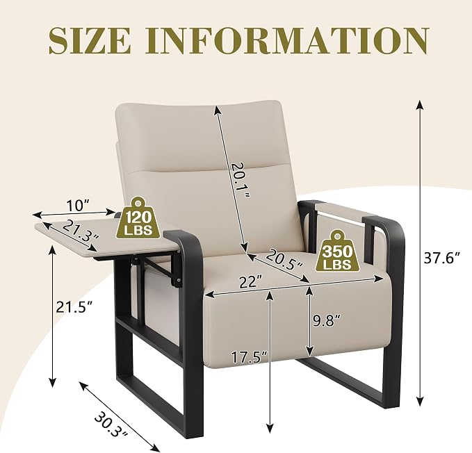Modern PU Leather Accent Chairs Set of 2 Upholstered Armchairs with Tray Table Leisure Side Chairs for Living Room Bedroom Office Beige