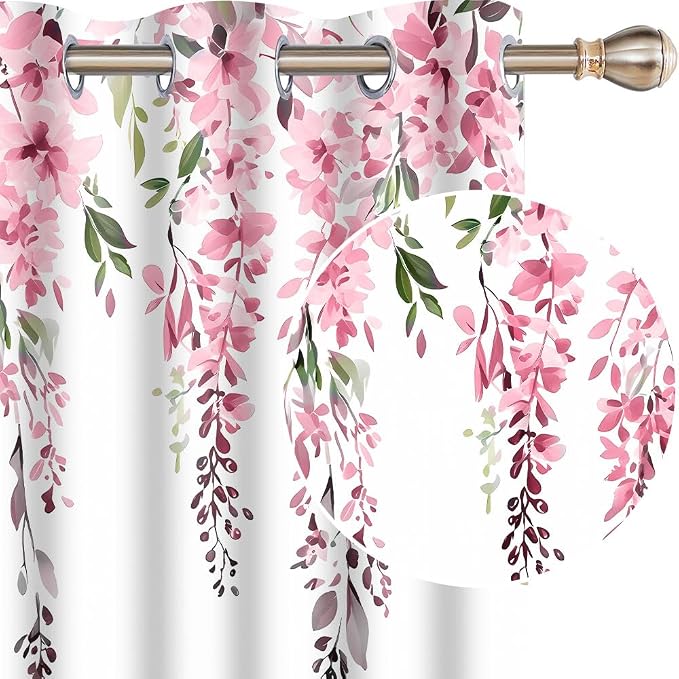 Pink Watercolor Floral Curtains, 42x63 inch, 2 Panels | Botanical Leaves Vine Flowers, Rustic Farmhouse, Blackout Window Treatment Drapes, For Bedroom Living Room