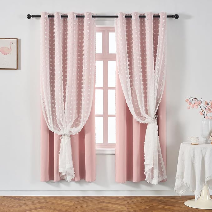 Light Pink Blackout Curtain Drapes Girls Room Decor 84 Inches Long Pom Pom | Single Panel Double Layer Boho Sheer Overlay Cute Nursery Thermal Insulated Bedroom Darkening Window Treatments Cortina Blush