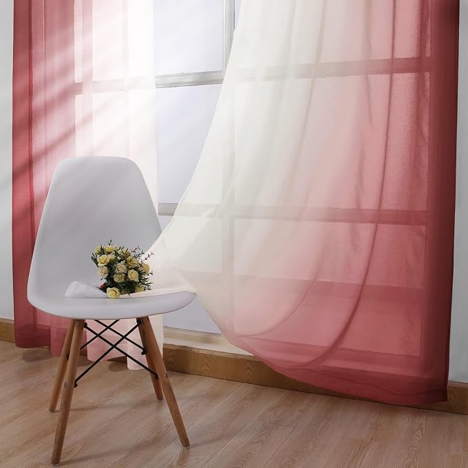 DWCN Ombre Sheer Curtains - Faux Linen Semi Voile Grommet Top Gradient Curtains for Bedroom and Living Room, Set of 2 Window Curtain Panels, 52 x 54 Inch Length, Burgundy