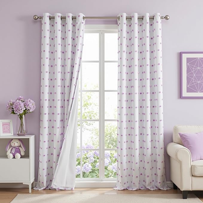 MEETSKY 100% Blackout Curtains for Nursery Bedroom 95 Inch Length 2 Panels, Total Light Blocking Curtains for Girls Room,Grommet Room Darkening Window Drapes with Purple Pom Pom Sheer 52W x 95L