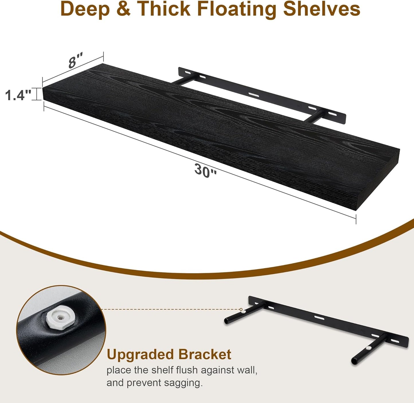 30 Inch Floating Shelves, Rustic Floating Wall Shelves 8 Inch Deep, 30 x 8 Floating Shelves for Home Decor, Deep Display & Storage Shelves for Kitchen, Bathroom, Living Room, Black Color, Set of 2