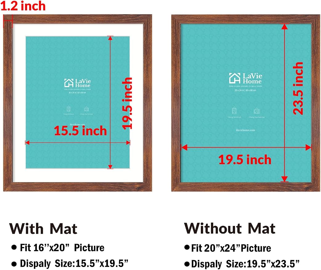 LaVie Home 20 x 24 Picture Frame Brown Poster Frame,Display Pictures 16x20 with Mat or 20x24 Without Mat, Stable and Sturdy Frame and Polished Plexiglass, Suitable for wall decoration（1 Pack）