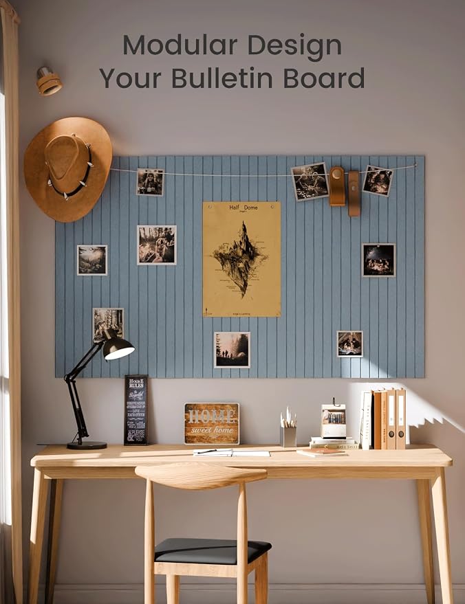 Fluxynara Felt Bulletin Board Tiles Large 48" x 36" Cork Board Alternative-12 Pack with 64 Adhesive Tabs, Felt Board for Office Decor, Push Pin Board Wall Organizer Alternative-Dusty Blue