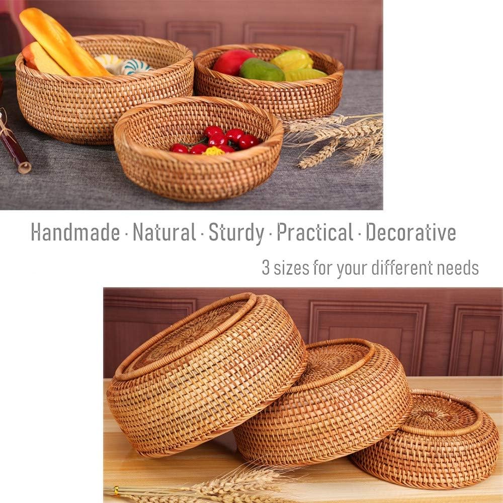 Hadewoven Round Rattan Fruit Basket Wicker Food Tray Weaving Storage Holder Dinning Room Bowl, 9 Inch Woven Bread Basket Key Bowls with 3.5”Wall for Table, Countertop (Medium 8.66")