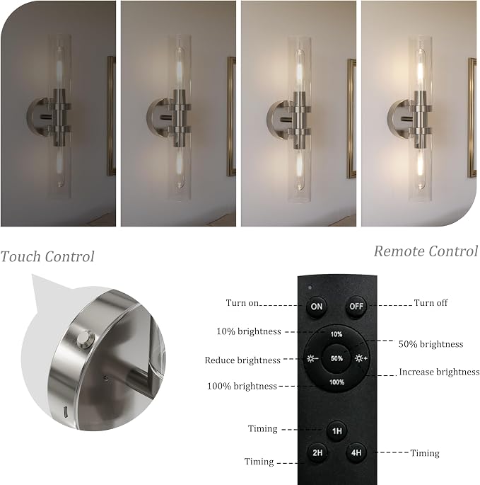 Rayogale Nickel Wireless Battery Operated Wall Sconce with Remote Control | Dimmable Rechargeable Wall Lights Set of 2, Timer, No Hardwire, Touch Control, 8000mAh, 3000K, Glass, Emergency, 16.5 Inch