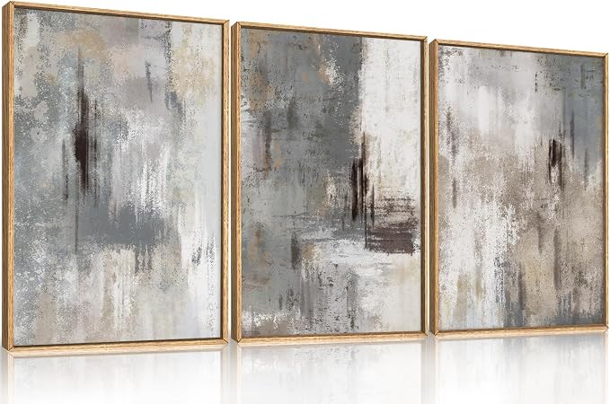 Large Abstract Neutral Gray Beige Framed Canvas Wall Art,Modern Minimalist Earth Tone Brushstroke Wall Decor,Vintage Rustic Color Block Artwork for Living Room,Bedroom,Farmhouse- 16"x24"x3