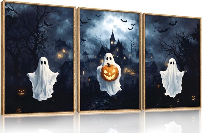 Large Spooky Halloween Framed Canvas Wall Art,Funny Ghost and Pumpkin Wall Decor,Eerie Night Castle Scene Artwork,Dark Bat and Full Moon Art Print for Living Room,Bedroom,Office- 16"x24"x3
