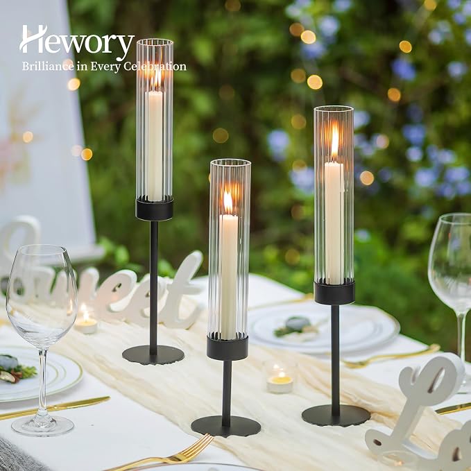Hewory Black Hurricane Candle Holders: 12 PCS Tall Taper Candlestick Candle Holders Bulk for Candlesticks Candle Sticks Holder Decor for Table Centerpiece Wedding Party Christmas Decorations