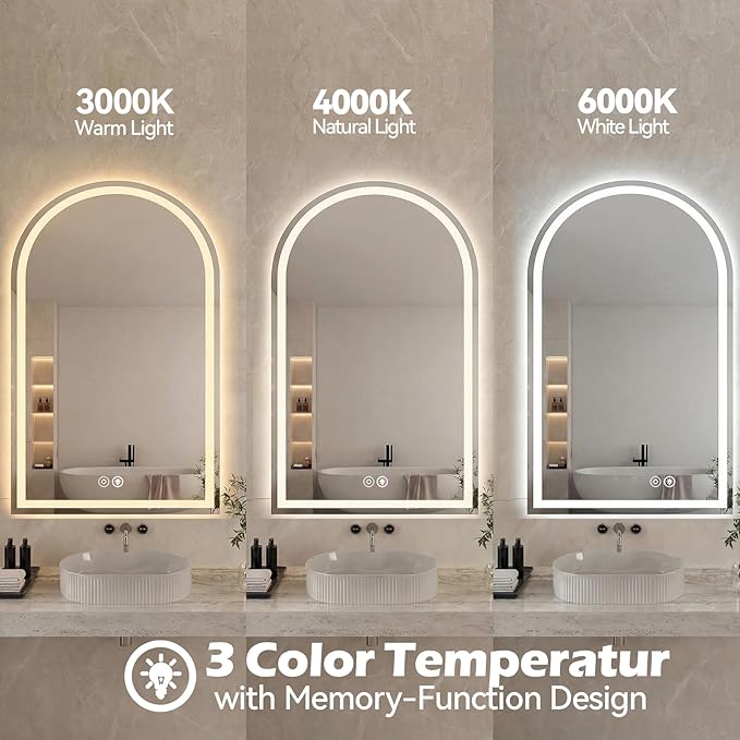 Sweetcrispy 24“×36” LED Bathroom Backlit Mirror with Lights, Arched Vanity Mirror with Anti-Fog, Dimmable, 3-Color Light, Memory Function, Tempered Glass