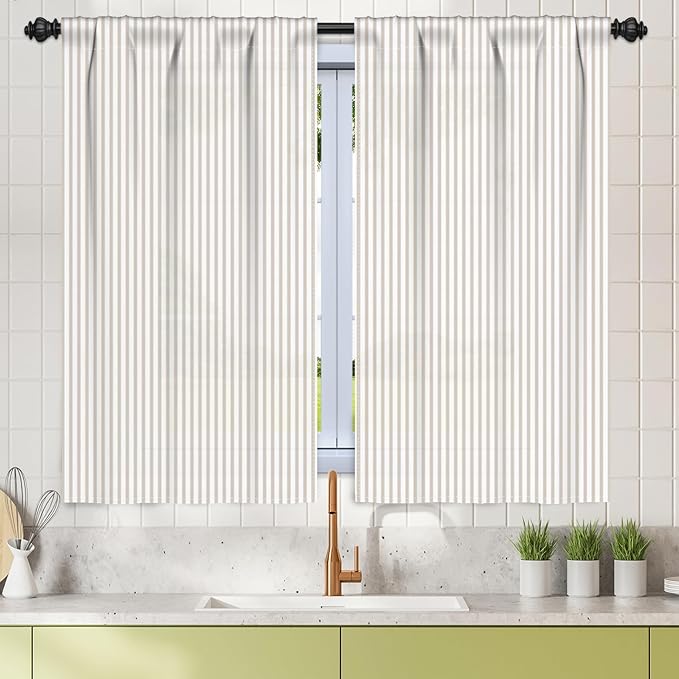 Renaiss 42 x 54 Inch Striped Short Curtains for Kitchen Windows Over Sink Country Taupe Pinstripe Curatin Linen Farmhouse Cafe Bathroom Small Curtains Rod Pocket Window Treatment Tiers 2 Panels