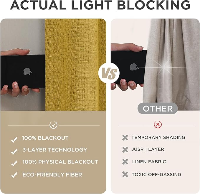 Joydeco Blackout Curtains for Bedroom - 100% Light Blocking 2 Panels Set Yellow Drapes 37"W x 108"L, Thermal Insulated Room Darkening Curtains, Linen Textured for Living Room, Rod Pocket & Back Tabs