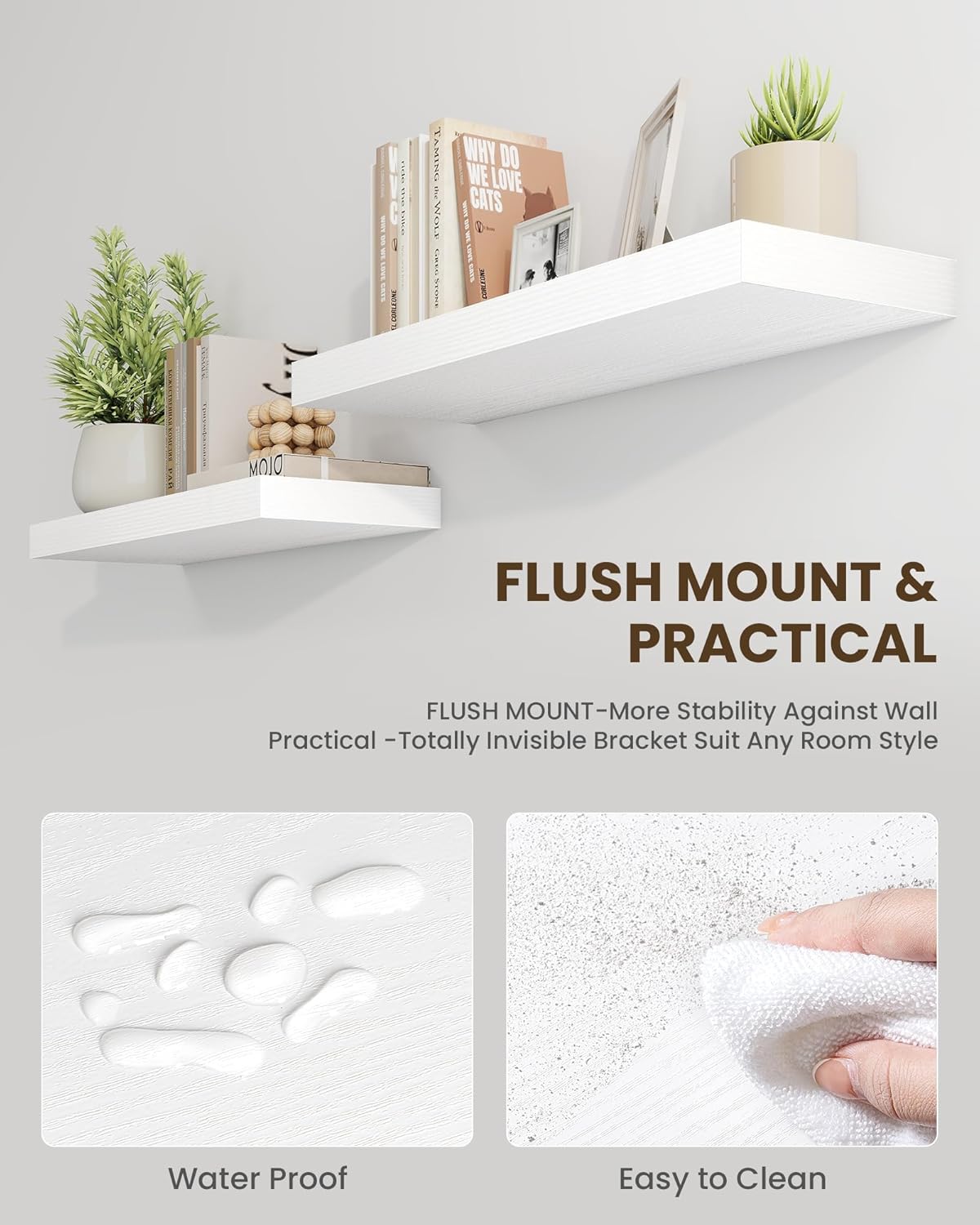 Marsmiles 55" Floating Shelves for Wall, Wooden Shelves with Invisible Brackets Set of 2, Rustic Farmhouse Wall Mounted Shelf for Kitchen Bathroom Living Room Study, White