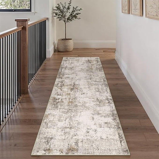 2x8 Washable Runner Rug Brown Grey Abstract Non Slip Soft Low Pile Hallway Kitchen Rug Neutral Modern Carpet for Laundry Bathroom Bedroom Living Room Home Decor
