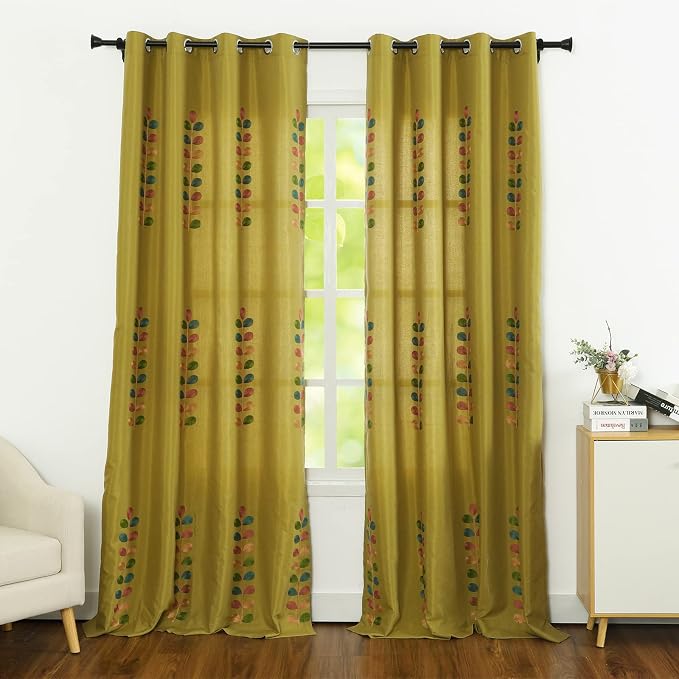 VOGOL Linen Curtains 96 Inches Long, Colorful Leaves Embroidered Grommet Drapes and Curtain Panels for Living Room/Bedroom, W52 X L96, 2 Pieces