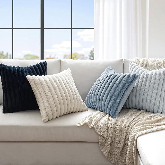 MIULEE Faux Fur Plush Decorative Throw Pillow Covers 24x24 Set of 4, Spring Modern Soft Fuzzy Coastal Striped Cushion Covers for Sofa Couch Bed Living Room Cozy Home Decor,Navy Blue