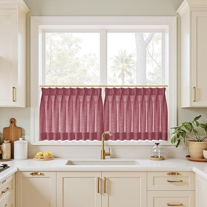 TWOPAGES 26" W x 45" L Linen Blend Cafe Curtains for Kitchen Window, Light Filtering Pinch Pleated Tier Curtains, Modern Farmhouse Half Window Curtains for Small Window, Burgundy Red, 2 Panels