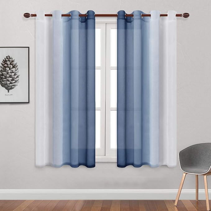 DWCN Ombre Sheer Curtains - Faux Linen Semi Voile Gradient Bedroom and Living Room Curtains, Set of 2 Grommet Top Window Drape Panels, 52 x 63 Inch Length, Denim Blue