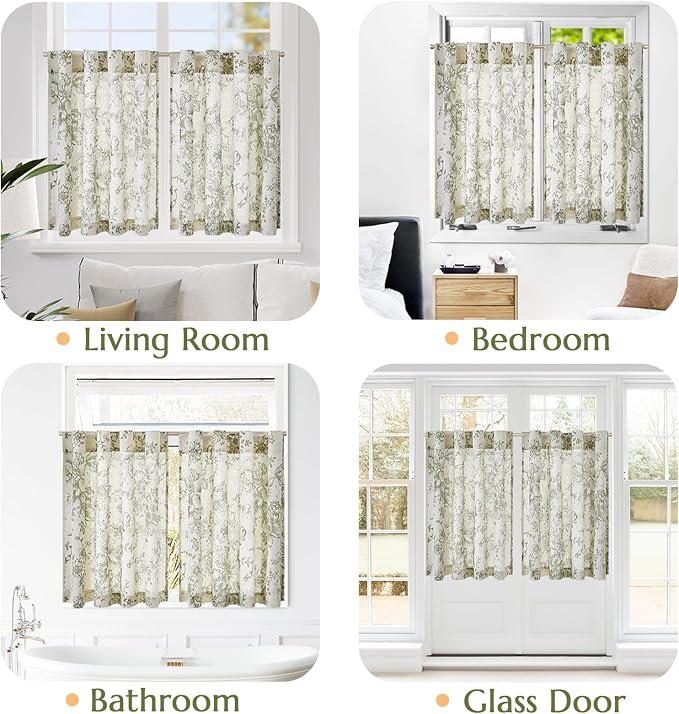 jinchan Linen Floral Tier Curtains 24 Inch Farmhouse Botanic Cafe Curtains Light Filtering Drapes for Small Windows Back Tab Half Window for Kitchen Living Room Bathroom 2 Panels Green