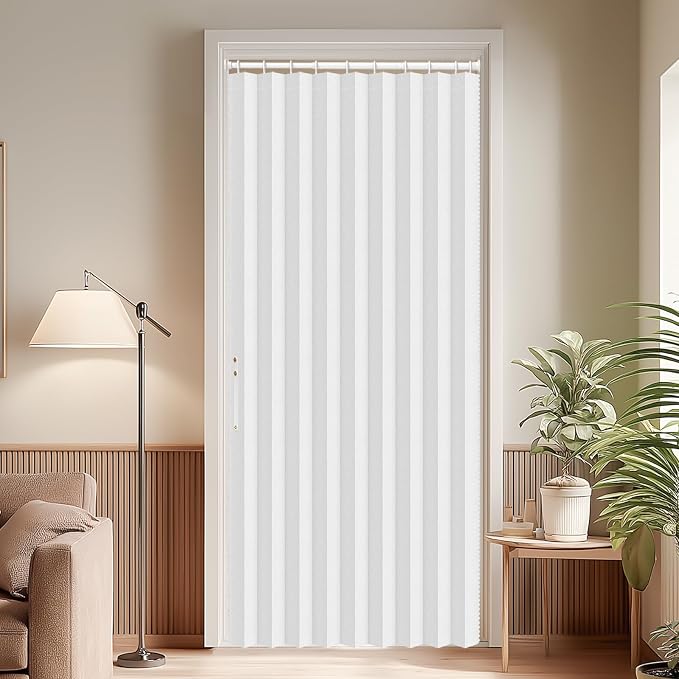 AJAZZ Blackout Accordion Doors Interior Sets Included Rod (1 Pack, 54W x 78 L, White) Invisible Magnetic Door Curtain for Bedroom Living Room Doorway Curtain