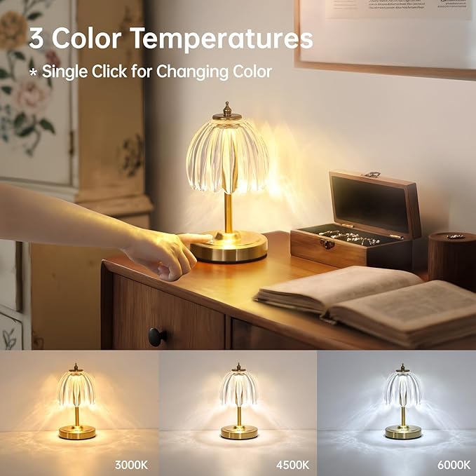 Shenmoyl Tulip Small Table Lamp, 5200mAh Cordless Touch Control Mini Table Lamp with 3 Color Temps & Stepless Dimming, Perfect for Small Spaces like Dressers, Bedsides, Bookshelves (Transparent Tulip)