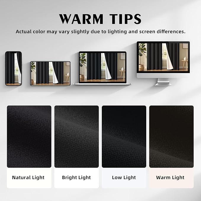 4 Panels 100% Blackout Linen-Textured Curtains, Thick Thermal Insulated Grommet Drapes with Subtle Herringbone Weave, Luxury Decor for Bedroom/Living Room, 54 x 63 Inches, Black