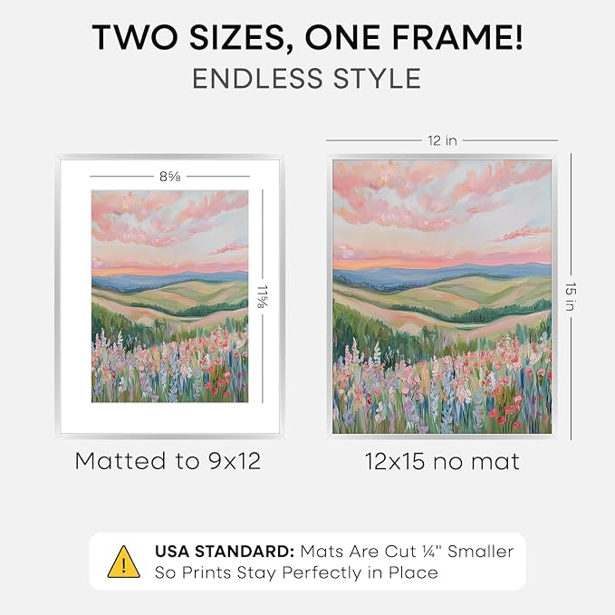 Homeforia 12 x 15 Picture Frame Silver, High End Metal 12x15 Poster Frames with Mat 9x12 Photo, 12 x 15 Silver Frame Matted to 9 x 12 in Print, 15by12 Hanging Frame, Tempered Glass, Wall Kit, Set of 1
