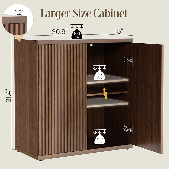 Fluted Buffet Cabinet Sideboard with Storage, Wooden Credenza with 2 Doors & Adjustable Shelf, Modern Fluted Accent Cabinet Coffee Bar for Living Room, Kitchen, Dining Room, Entryway, 15″ Deep, Brown