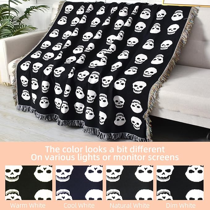 Boho Throw Blanket Reversible Cotton Bohemian Tapestry Hippie Room Decor Double Sided (Boho Skull Print Black 50"x60")