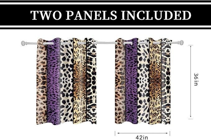 Wild Animal Print Curtain, Room Darkening Thermal Insulated Blackout Leopard Boa Window Drapes with Grommets for Living, Dining, Bedroom, Purple Leopard Print, 42"x 36", 2 Panels