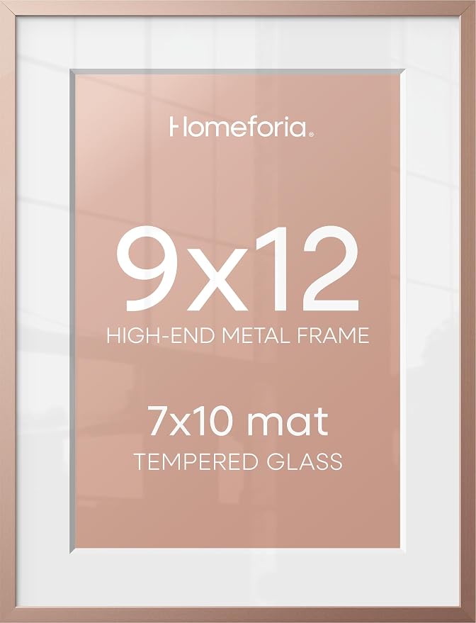 Homeforia 9x12 Rose Gold Frame, High End Metal 9 x 12 Picture Frames with Mat 7 by 10 inch Photo, 9by12 Poster Frame Matted to 7x10 Art, 12x9 Wall or Tabletop Frame, Tempered Glass, Wall Kit, Set of 2