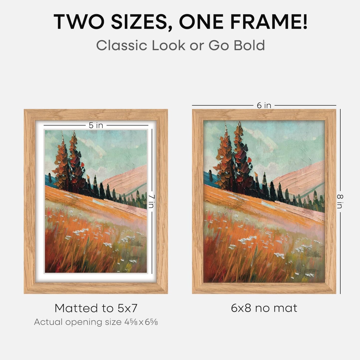 Homeforia 6x8 Picture Frame Natural Wood, High End Oak 6x8 Light Wooden Frames with Mat 5x7 for Photo, 6 x 8 Frame Matted to 5 x 7 Print, 8x6 Wall or Tabletop Frame, Tempered Glass, Wall Kit, Set of 1
