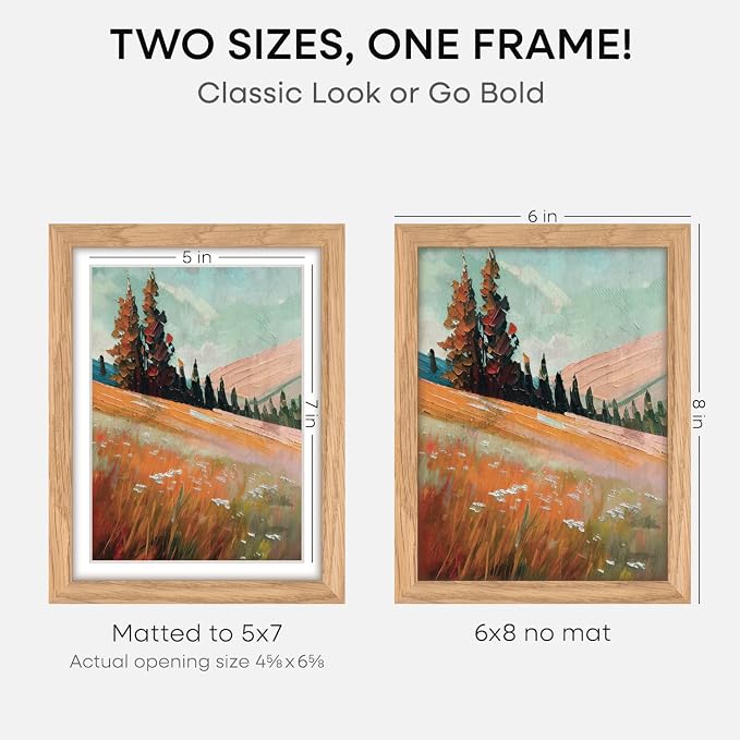 Homeforia 6x8 Picture Frame Natural Wood, High End Oak 6x8 Light Wooden Frames with Mat 5x7 for Photo, 6 x 8 Frame Matted to 5 x 7 Print, 8x6 Wall or Tabletop Frame, Tempered Glass, Wall Kit, Set of 1