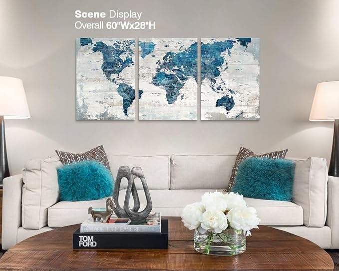 Canvas Wall Art Blue World Maps for Wall Office Living Room Artwork | Framed Large Pictures for Bedroom Conference Room Neutral Painting Modern Home Decorations 3 Piece