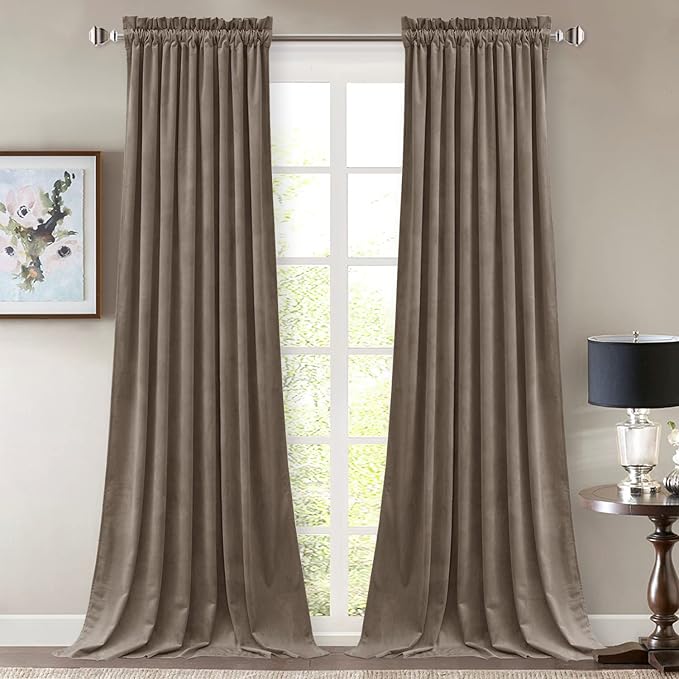 StangH Taupe Curtains 90 inches Long, Super Soft Velvet Room Darkening Window Treatment Noise Reducing Door Panels for Patio Bedroom, W52 x L90, 2 Panels